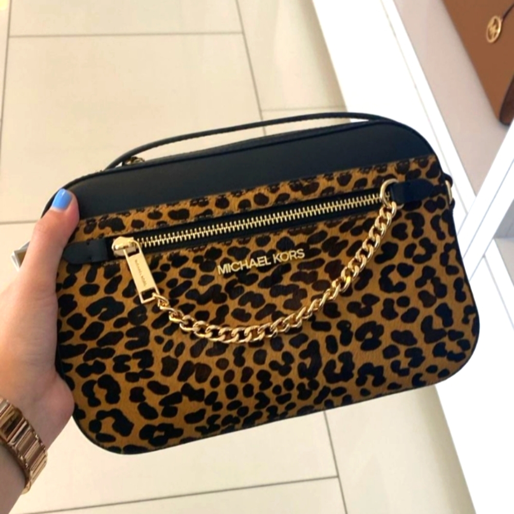 NWT Michael Kors Jet Set Large Leopard-Print Calf Hair Crossbody Bag